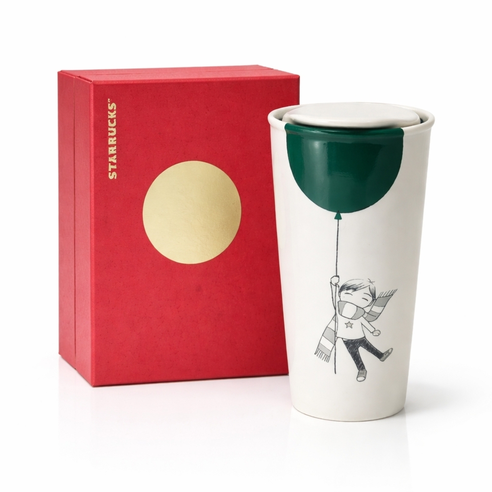 STARBUCKS 12oz Ceramic Travel Tumbler Balloon Boy Lid NIB